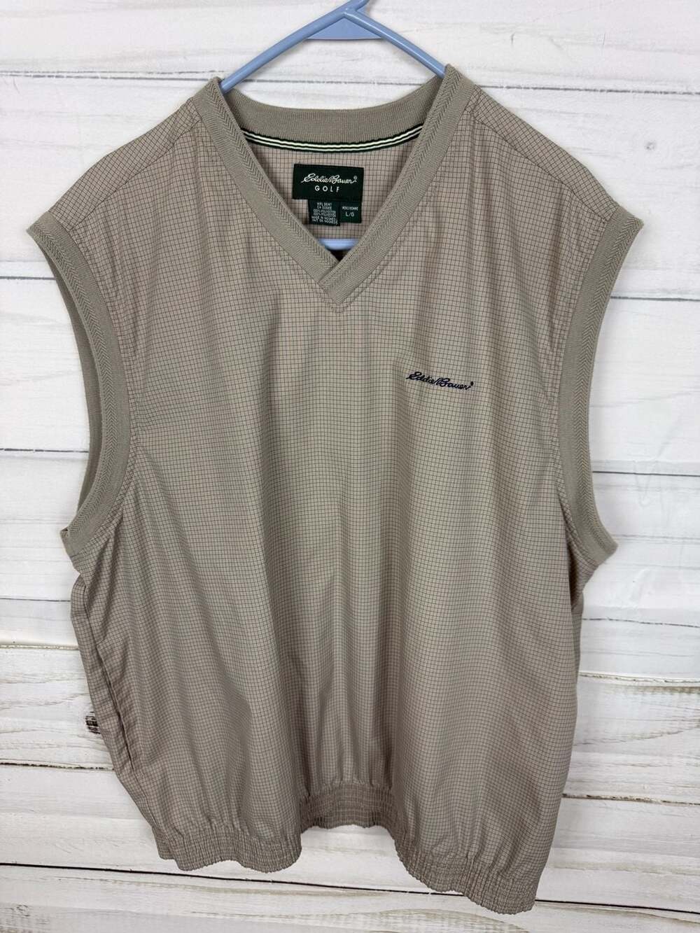 Eddie Bauer Golf Men's Size Large V-Neck Sleeveless Pullover Vest Tan Grid